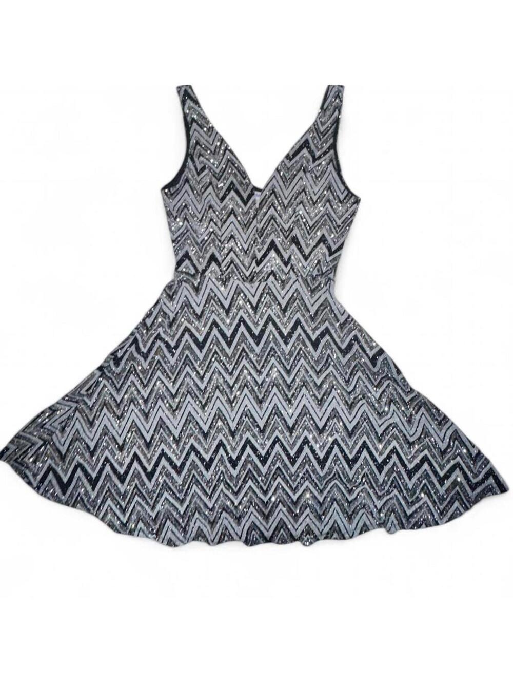 Bailey Blue Silver Glitter Chevron Skater Dress Small